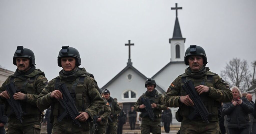 Ściskająca scena z żołnierzami patrolującymi ulice Litewskiej wioski przy ciemnym świetle. Widoczna jest twarz premierki Ingi Ruginiene na ekranie rządu podczas ogłoszenia stanu nadzwyczajnego.