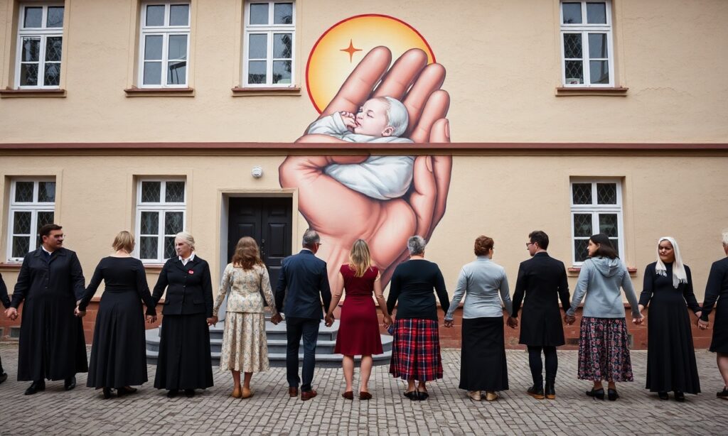 Grupa litewskich rodzin gromadzi się przed Kauno Krikščioniškas Gimdykla (KGN), tworząc ludzki łańcuch. Na tle murale przedstawiającego noworodka w dorosłych dłoniach.
