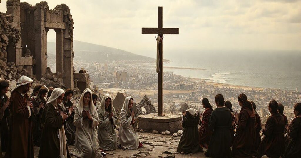 Zdjęcie przedstawiające ruiny Lizbony po trzęsieniu ziemi w 1755 roku z grupą osób w tradycyjnych katolickich strojach modlących się przed krzyżem.