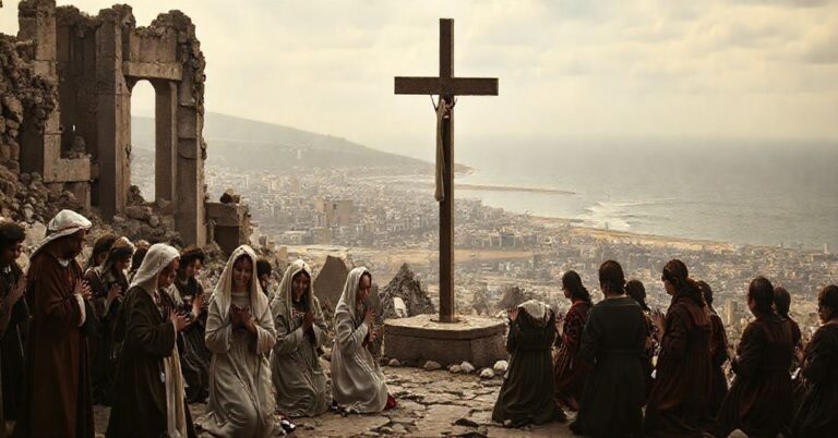Zdjęcie przedstawiające ruiny Lizbony po trzęsieniu ziemi w 1755 roku z grupą osób w tradycyjnych katolickich strojach modlących się przed krzyżem.