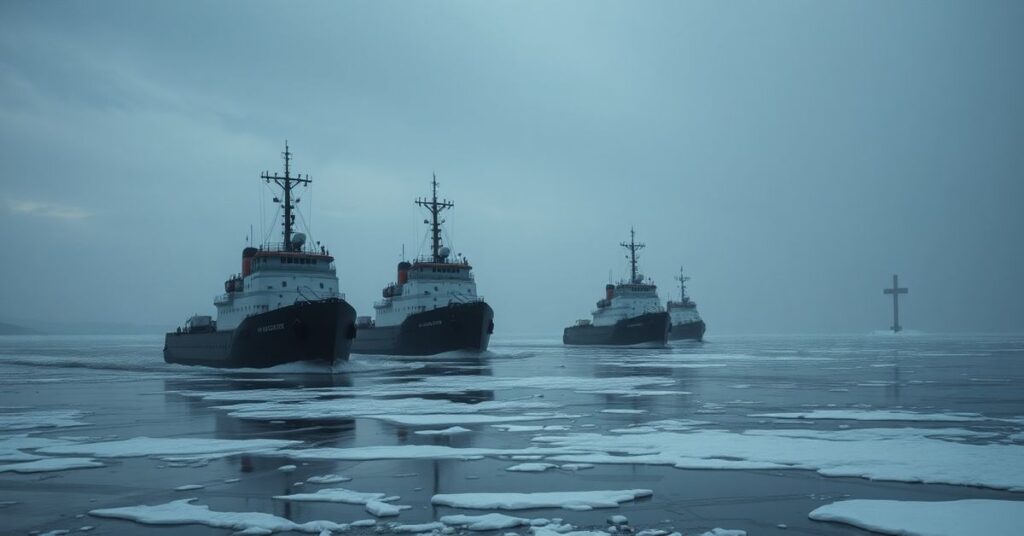 Scena Wisły podczas akcji lodołamania, z lodołamaczami Nerpa, Manat, Narwal i Rekin w pracy. Chmurny niebieski i brak odniesienia do Bożej opieki.