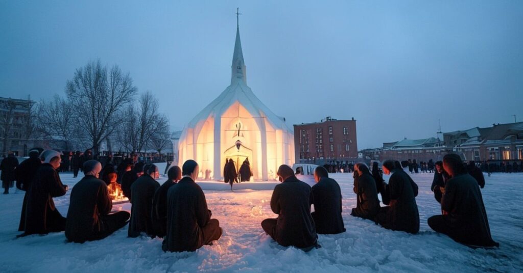 Młodzi studenci modlący się przed lodową kaplicą ku czci św. Olafa na kampusie Notre Dame, symbolizujący konflikt między autentycznym katolicyzmem a modernistyczną administracją