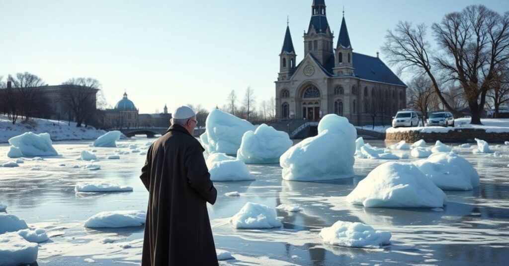 Katolicki pielgrzym stoi na zamarzniętej Motławie, patrząć na lodowe formacje z kościołem św. Marii na tle, symbolizując milczenie o pokucie i Bożym sądzie.
