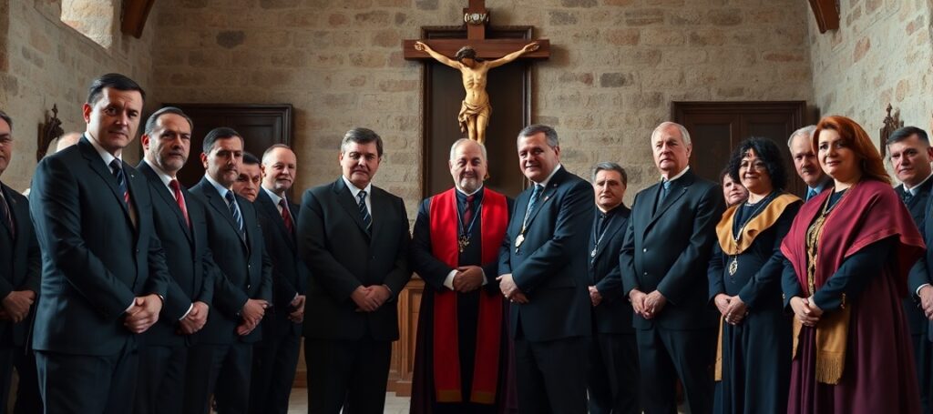 Obraz przedstawia łotewski gabinet rządowy w Zamku Ryskim, z premierem Andrisem Kulbergsem prezentującym skład swojego gabinetu prezydentowi Edgarowi Rinkevicowi. Scena jest poważna i pełna godności, podkreślająca brak odniesienia do władzy Bożej w świeckiej polityce.