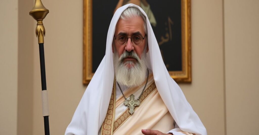 Louis Raphaël Sako w ruinach kościoła w Bagdadzie z dokumentem rezygnacji