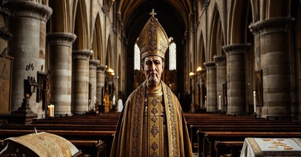 Wnętrze łówickiej katedry z eksponatami historycznymi, w tym sarkofagiem biskupa i relikwiami, przedstawiającymi katolicki kult świętych w tradycyjnym stylu.