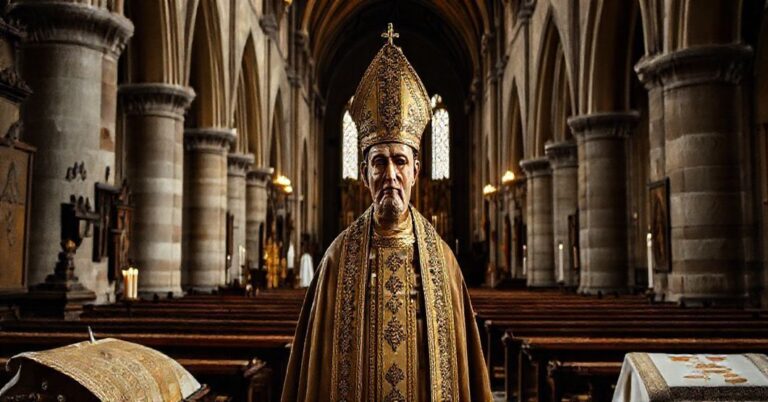 Wnętrze łówickiej katedry z eksponatami historycznymi, w tym sarkofagiem biskupa i relikwiami, przedstawiającymi katolicki kult świętych w tradycyjnym stylu.