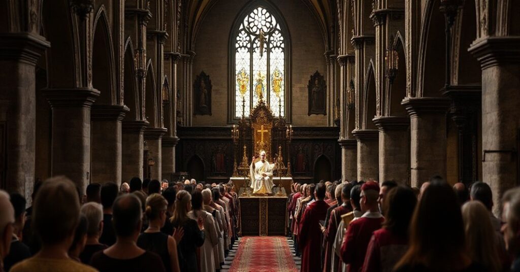 Sobólny, uroczysty widok tradycyjnego procesji katolickiego z relikwiami św. Wiktorii w historycznym kościele, kontrastującym z modernistycznymi elementami, takimi jak występy muzyczne i neokatolicki duchowni