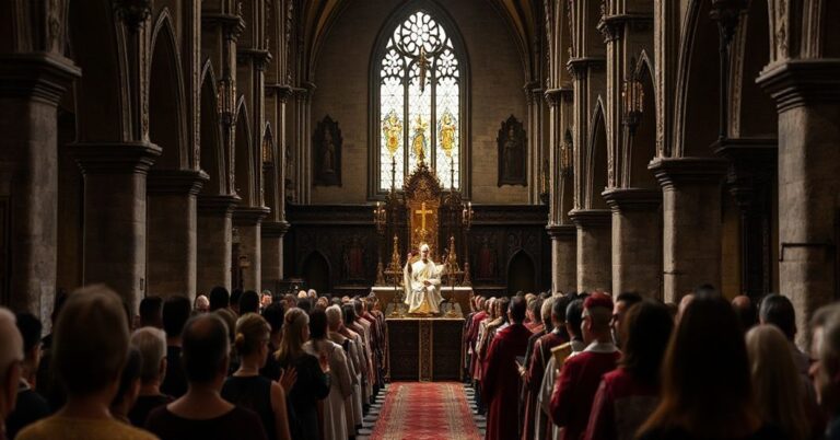 Sobólny, uroczysty widok tradycyjnego procesji katolickiego z relikwiami św. Wiktorii w historycznym kościele, kontrastującym z modernistycznymi elementami, takimi jak występy muzyczne i neokatolicki duchowni
