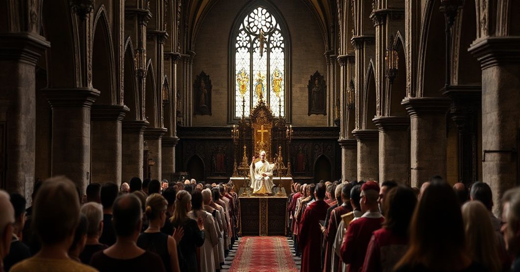 Sobólny, uroczysty widok tradycyjnego procesji katolickiego z relikwiami św. Wiktorii w historycznym kościele, kontrastującym z modernistycznymi elementami, takimi jak występy muzyczne i neokatolicki duchowni