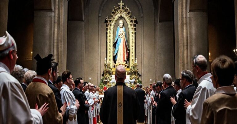 Scena w konkatedrze w Lubaczowie podczas fałszywego aktu zawierzenia samorządowców przed kopią obrazu Matki Bożej Łaskawiej.