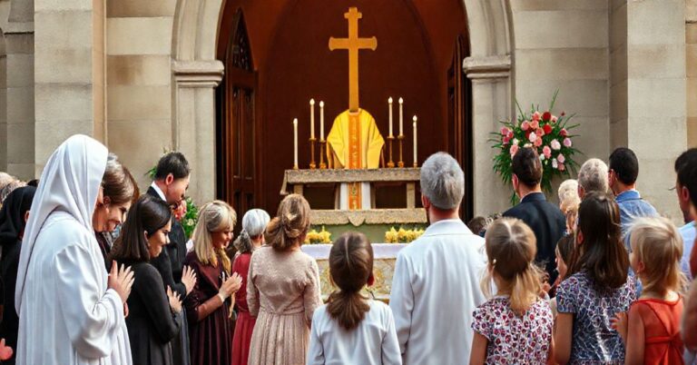 Zdjęcie realistycznego katolickiego zgromadzenia na zewnątrz kościoła, ukazujące powierzchowne świętowanie bez głębi wiary