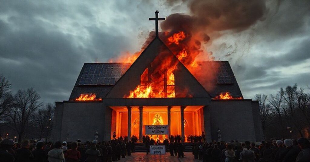 Graficzna ilustracja pożaru kościoła w Lublinie z 25 grudnia 2025 roku