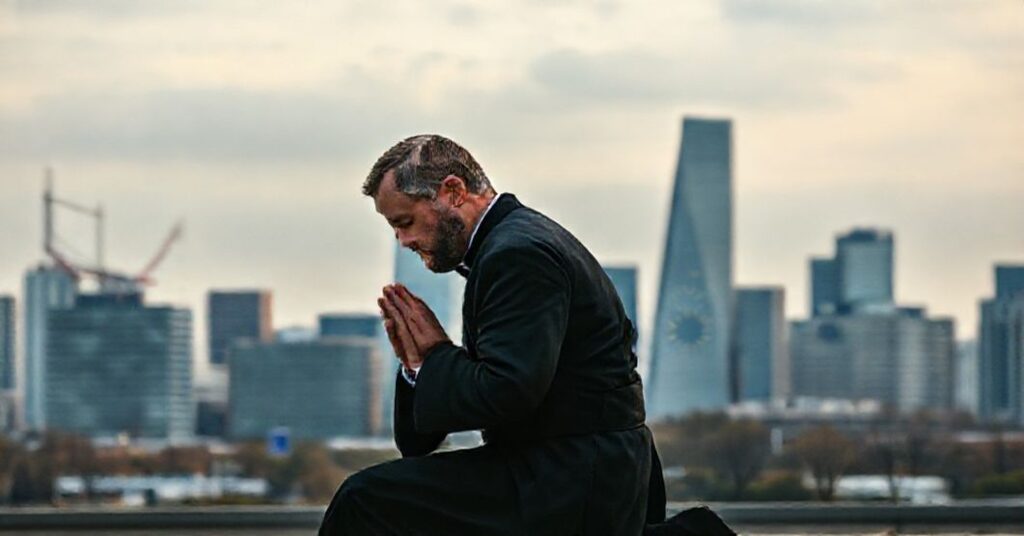 Tradycyjnie ubrany katolicyk modli się w obliczu materialistycznego rozwoju Lubelskiego