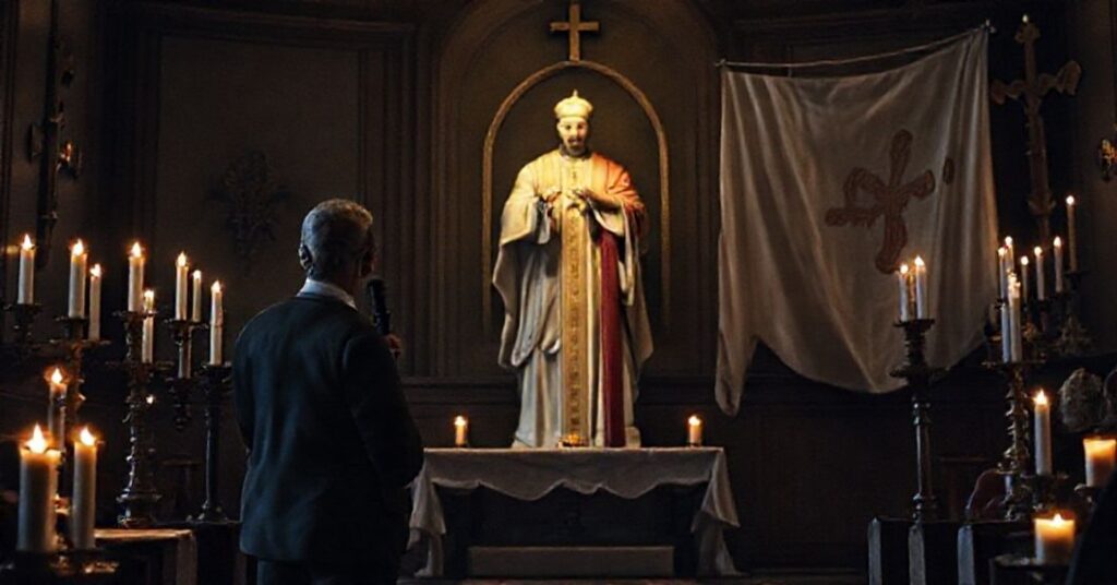 Luciano Lamonarca w rozmowie z antypapieżem Robertem Prevostem na tle św. Alfonsa Liguoriego i katolickiego symboli.