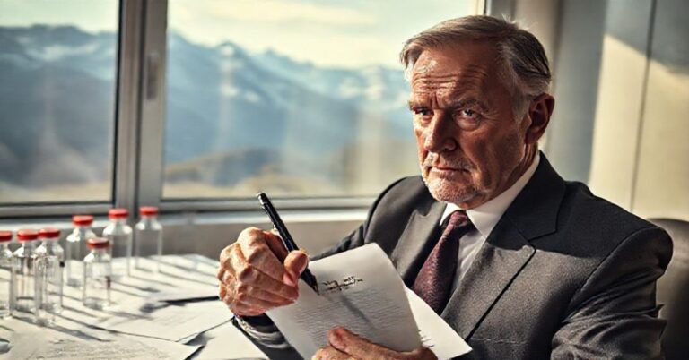 Ludwig Minelli w szpitalnym pokoju otoczony dokumentami kliniki Dignitas