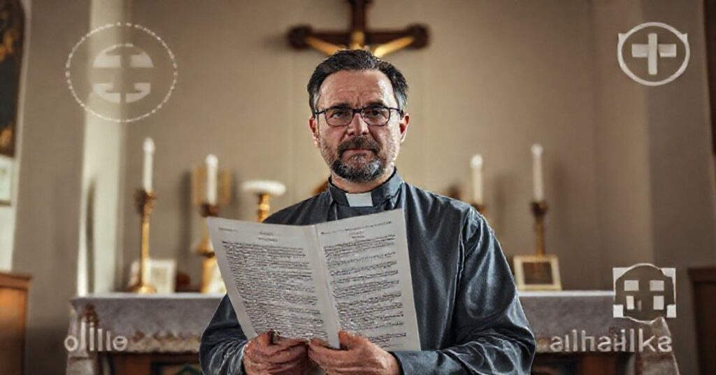 Portret Luigi Casaliniego przed ołtarzem z krzyżem i dokumentem biskupa Stricklanda