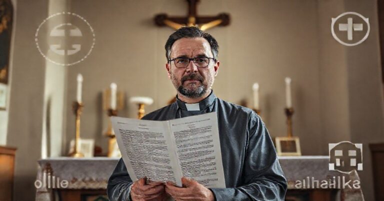 Portret Luigi Casaliniego przed ołtarzem z krzyżem i dokumentem biskupa Stricklanda