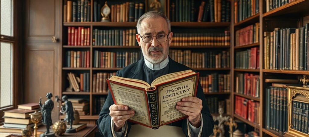 Łukasz Lamża w tradycyjnej bibliotece z tomami i przedmiotami religijnymi rozmyśla nad ewolucją i teorią złożoności