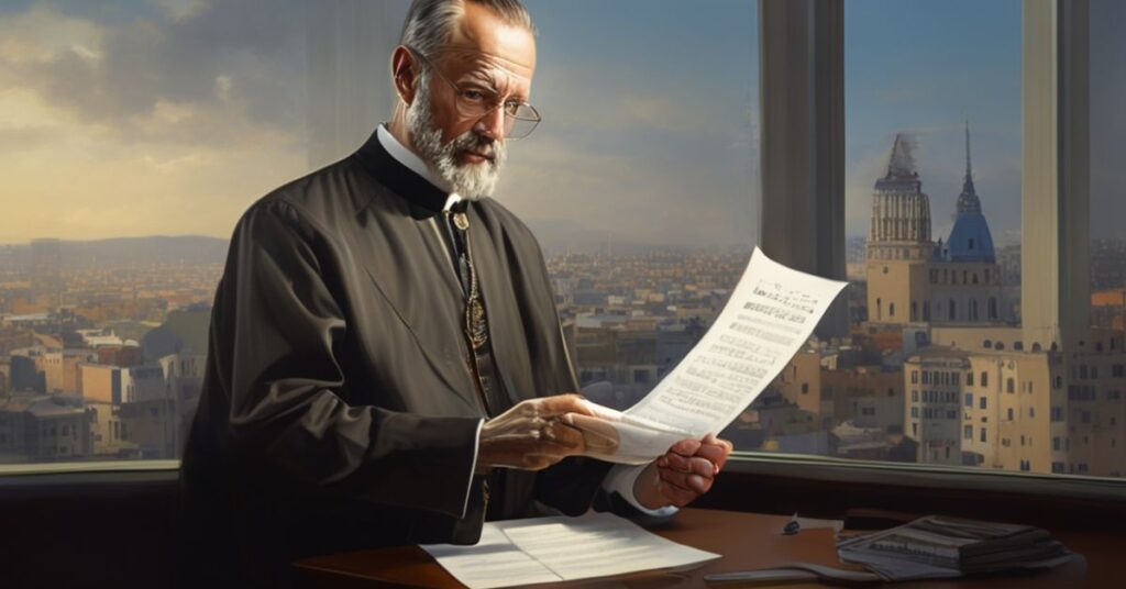 Portret Jerzego Samca, luterańskiego biskupa, trzymającego list do biskupi Paneeraq Munk z Grenlandii, na tle miasta z widocznym katedrą