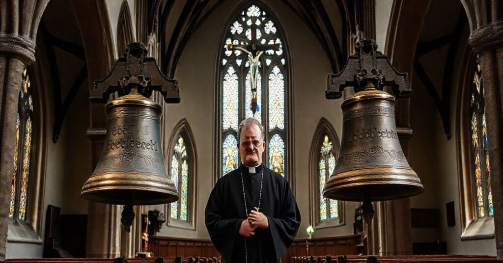 Wnętrze katolickiej świątyni z wystawionymi luterańskimi dzwonami o napisie 'Sprawiedliwi przez wiarę'