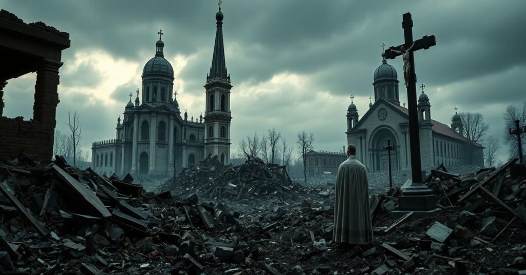 Zniszczona katedra i kościół Bernardynów we Lwowie po ataku dronów. Arcybiskup Mokrzycki w smutku, ignorując pobliskie krzyże. Scena podkreśla brak nadprzyrodzonej nadziei w posoborowych naukach pastoralnych.