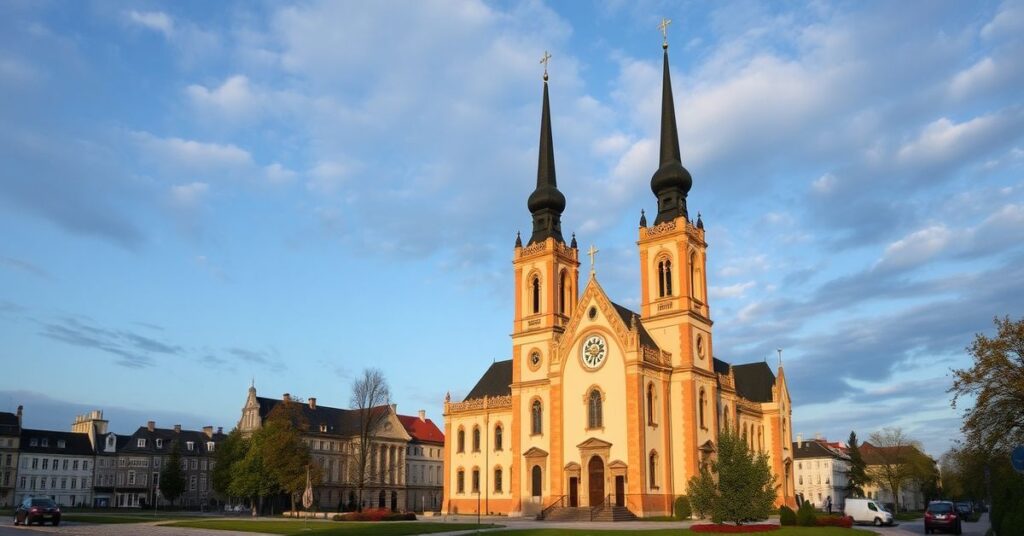 Uszkodzony kościół św. Andrzeja we Lwowie po rosyjskim ataku na tle klasztoru bernardynów i Archiwum Historycznego.