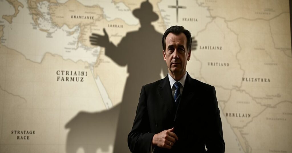 Emmanuel Macron przed mapą Bliskiego Wschodu z dominującą postacią Chrystusa Króla w tle.