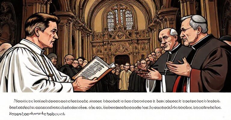 Uroczysty widok przedstawiający Natanaela Maddena z DHS i przedstawicieli USCCB w dyskusji na temat polityki migracyjnej z tłem starej katedry symbolizującej boskie prawo.