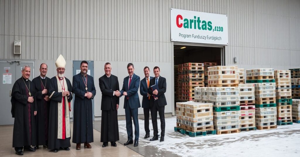 Otwarcie modernistycznego magazynu żywności Caritas w Jarużynie przez hierarchów posoborowych