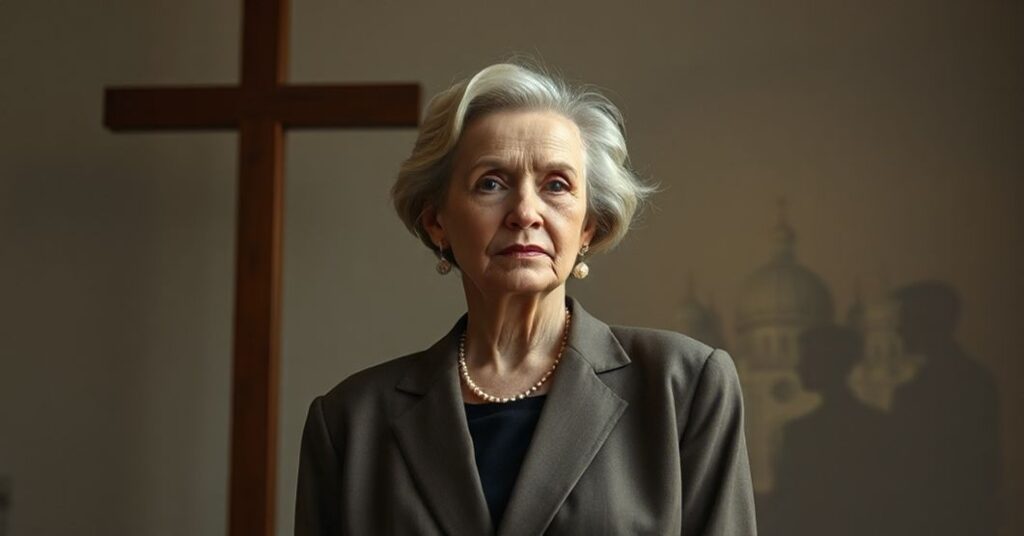 Poważny portret Magdy Umer w elegancjnej sukni, stojącej przed krzyżem z widokiem na Bazylikę św. Piotra na tle.