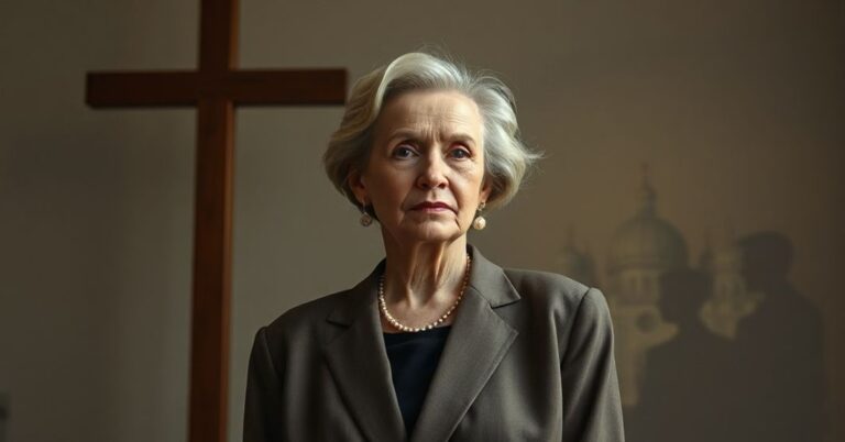 Poważny portret Magdy Umer w elegancjnej sukni, stojącej przed krzyżem z widokiem na Bazylikę św. Piotra na tle.