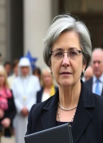 Mairead McGuinness jako pełnomocniczka UE ds. wolności religijnej Portret Mairead McGuinness przed siedzibą Komisji Europejskiej w Brukseli.