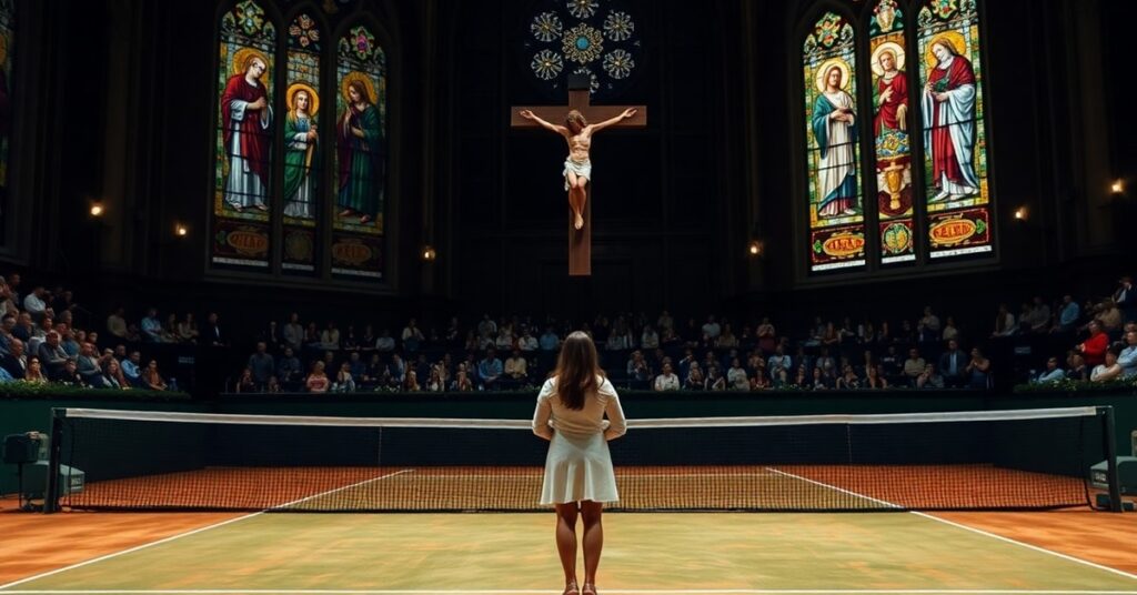 Obraz przedstawiający Maja Chwalińską w modlitwie przed krzyżem na tle kortu tenisowego Roland Garros i wnętrza kościoła, symbolizujący brak duchowości w współczesnym sporcie.