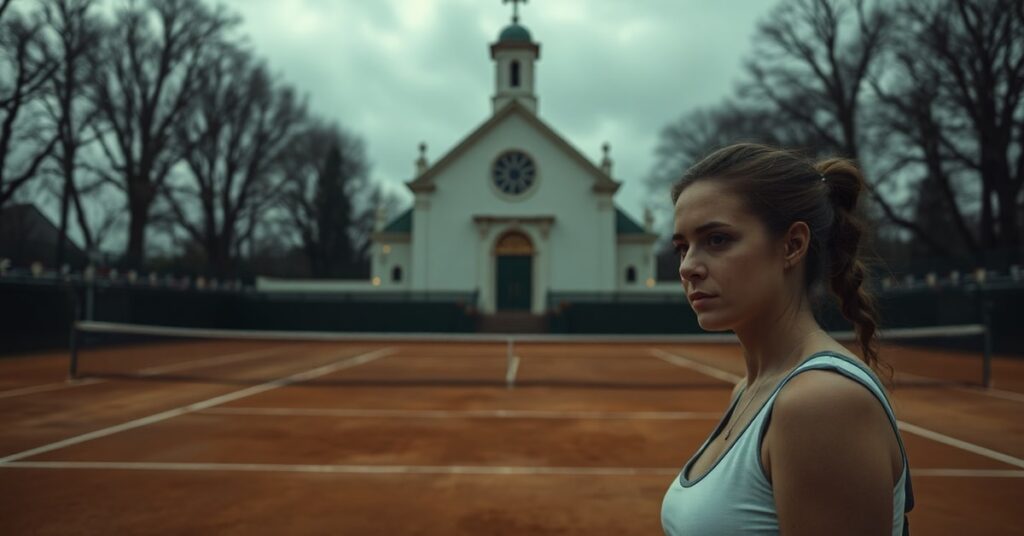 Maja Chwalińska na korcie tenisowym w Roland Garros z zamkniętym kościołem w tle - symbolizuje brak Chrystusa Króla w świecie skupionym na ludzkich osiągnięciach