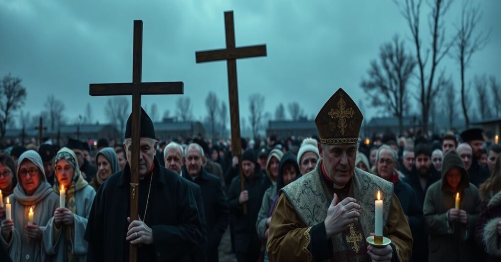 Uroczysty obchód Drogi Krzyżowej w byłym obozie koncentracyjnym KL Lublin (Majdanek) w 2026 roku pod kierownictwem 'arcybiskupa' Stanisława Budzika i 'biskupa' Adama Bądy.