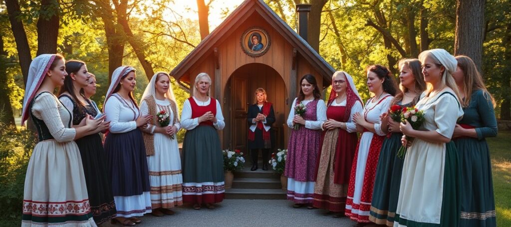 Grupa kobiet w tradycyjnych strojach ludowych śpiewających modlitwy majowe przy przydrożnej kapliczce
