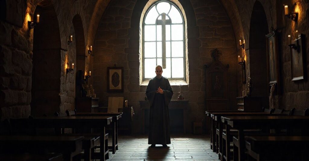 Religijna scena przedstawiająca Maksymiliana Kolbę w tradycyjnym otoczeniu klasztornym, ukazująca jego pokorę i modlitwę, krytyczna wobec fałszywego kultu modernistycznego