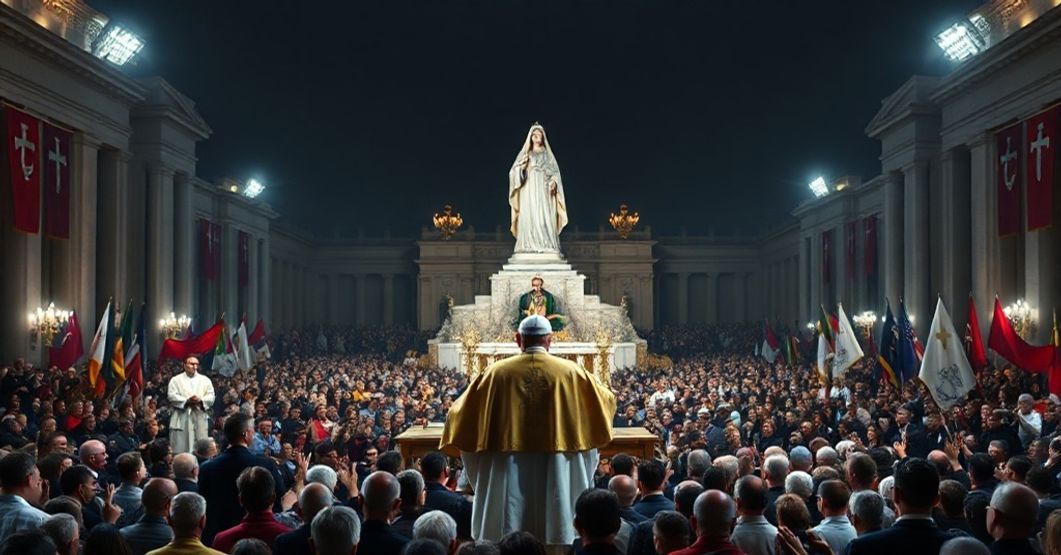 Wielotysięczna manifestacja w Rzymie z fałszywym "papieżem" Leonem XIV przed figurą Matki Bożej z Fatimy. Scena synkretyzmu religijnego i nowoczesnego kultu