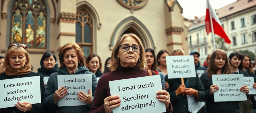 Grupa katolickich rodziców i nauczycieli modli się przed tradycyjnym kościołem z transparentami protestującymi przeciwko świeckim reformom edukacyjnym w Warszawie.