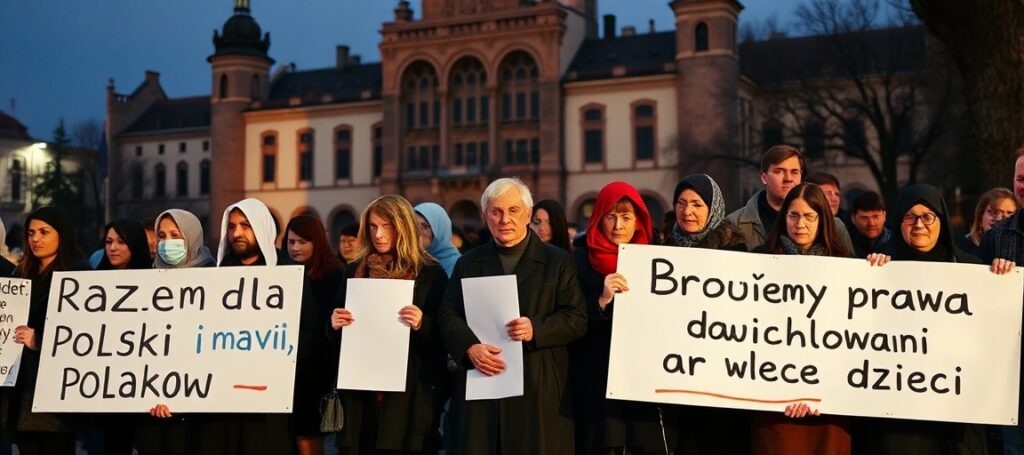 Grupa zaniepokojonych rodziców i aktywistów zgromadzona na Placu Zamkowym w Warszawie podczas manifestacji za prawami rodzicielskimi.