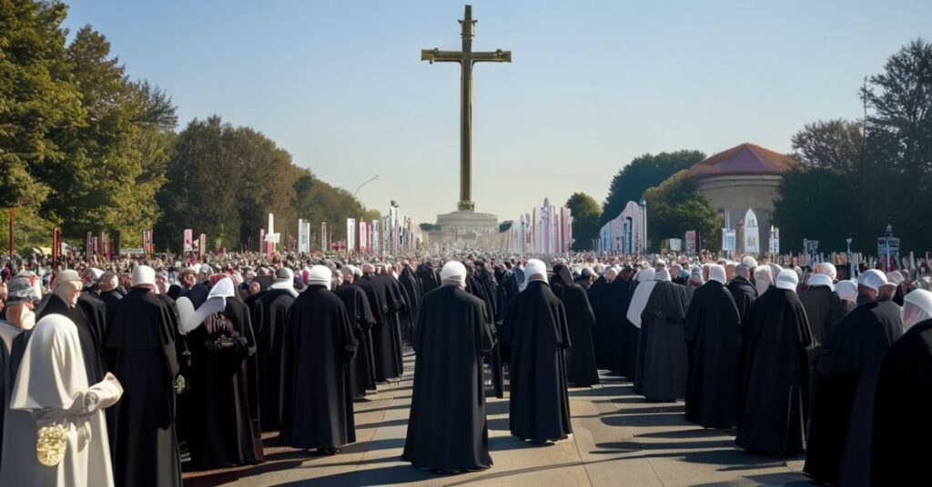 Wielka manifestacja pro-life w Waszyngtonie z udziałem wiernych modlącego się biskupa z monstransjum i rzeszami modlących się katolików.