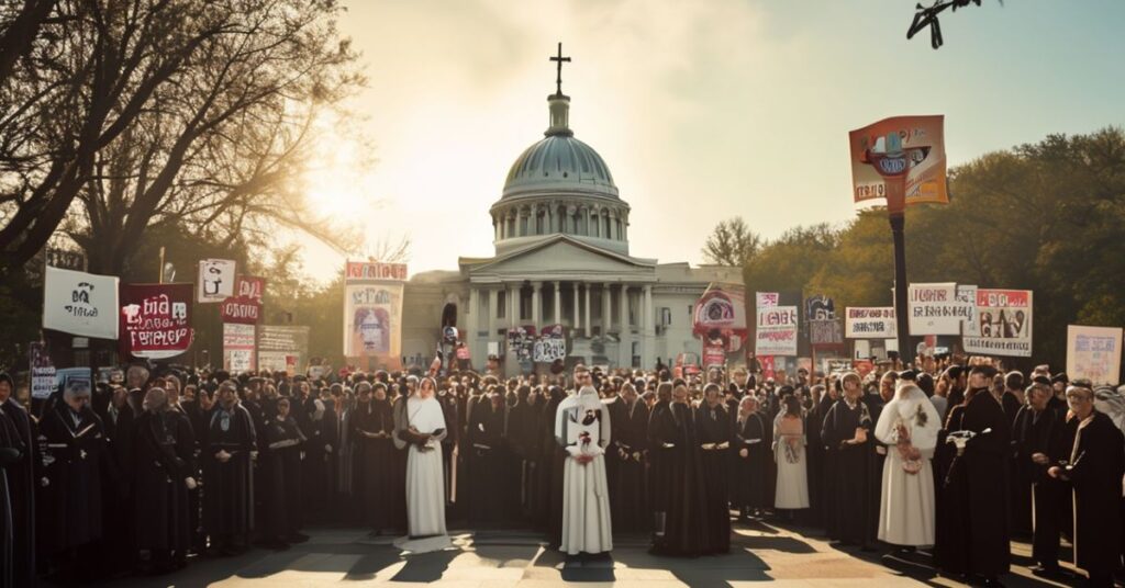 Pokojowa manifestacja pro-life na tle Kapitołu w Waszyngtonie. J.D. Vance i jego żona prowadzą grupę z różańcem i krzyżem. Ludzie trzymają transparenty z przesłaniem pro-life.