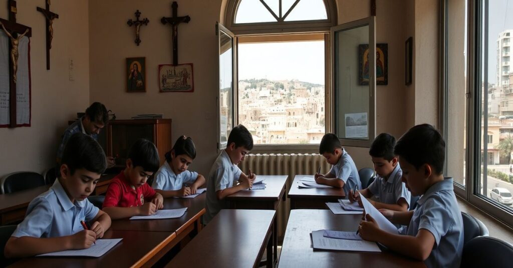 Uczniowie Szkoły Apostołów w Bejrucie pisząc listy do uzurpatora w tradycyjnym klasycznym pomieszczeniu z ikonami katolickimi. Scena manipulacji dziećmi przez neo-kościelnych duchownych.