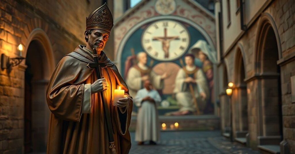 Solemne przedstawienie św. Franciszka z Asyżu z Krzyżem przy tradycyjnym posągu, w tle modernistyczna interpretacja jego nauk. Kontrast między tradycją a nowoczesnym rewizjonizmem.