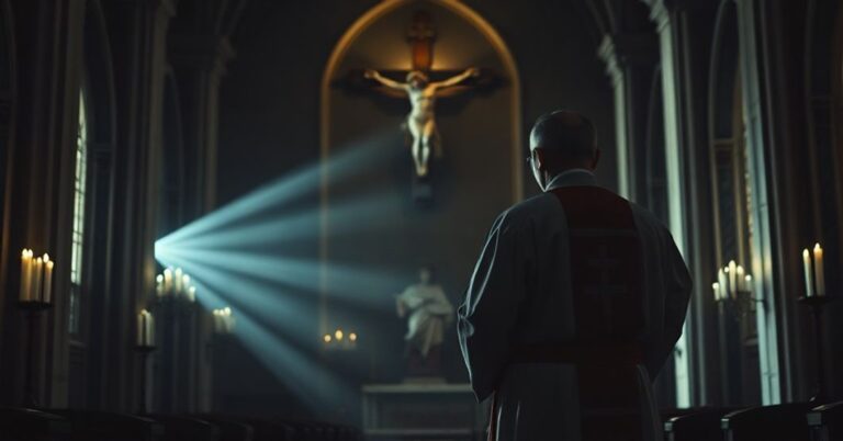 Wnętrze kościoła z kapłanem w tradycyjnych szatach modlącego się przed krzyżem, w tle cienie symboli politycznych.