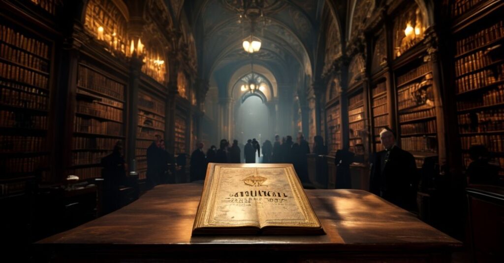 Stary manuskrypt na stoliku w tradycyjnej katolickiej bibliotece przy zgasłych świecach.