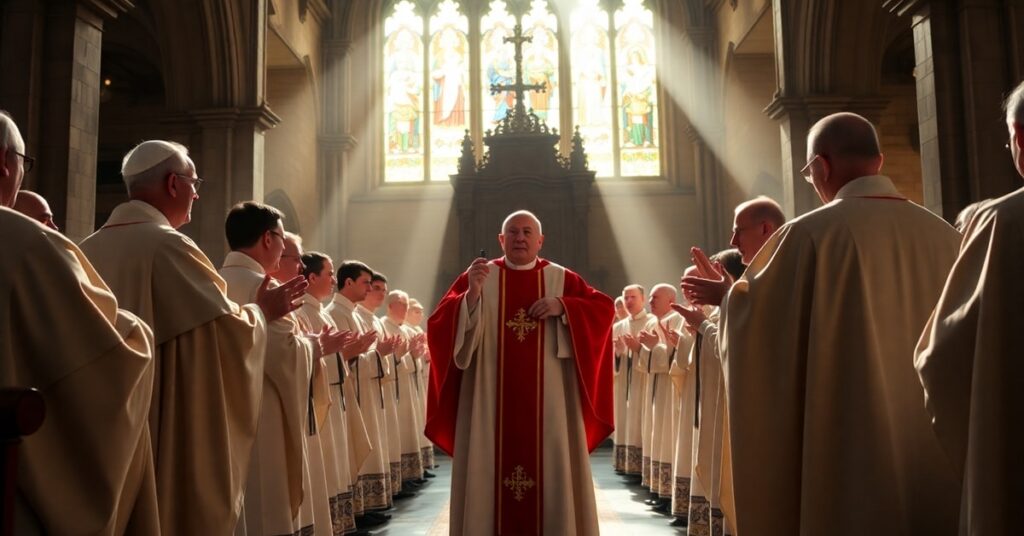 Arcybiskup Marcel Lefebvre podczas tradycyjnej Mszy Świętej w kościeleHistoryczne wnętrze kościoła z tradycyjnymi szatami liturgicznymi i świętym ołtarzem