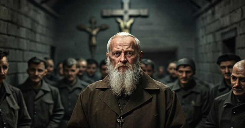 Portret Marcina Kwaśnego w roli rzekomo "świętego" Maksymiliana Kolbego w filmie "Triumf Serca", ukazujący fałszywą pobożność i modernistyczną deformację katolickiego męczeństwa w obozie Auschwitz.