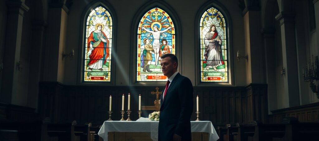 Marcin Matczak w tradycyjnym kościele katolickim przed ołtarzem z krzyżem i świecami. W tle witraż przedstawia koronację Chrystusa Króla.